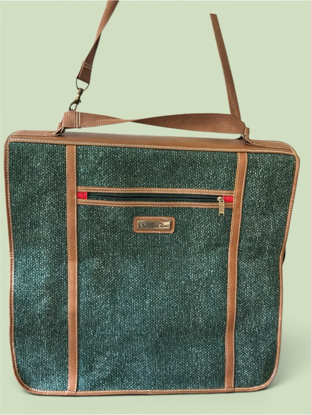 Oscar de la Renta Green Tweed Suit Bag with tan accents